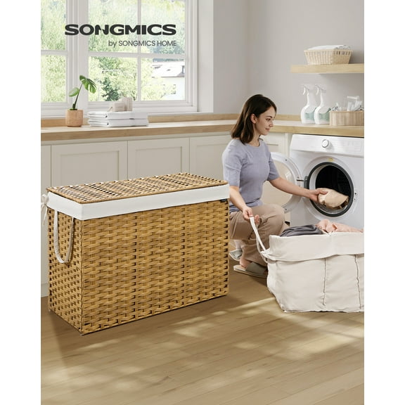 52.8 Gallon Foldable Laundry Hamper with Lid, Synthetic Rattan Storage Basket with Removable Liner & Handles, 200L Capacity, Natural