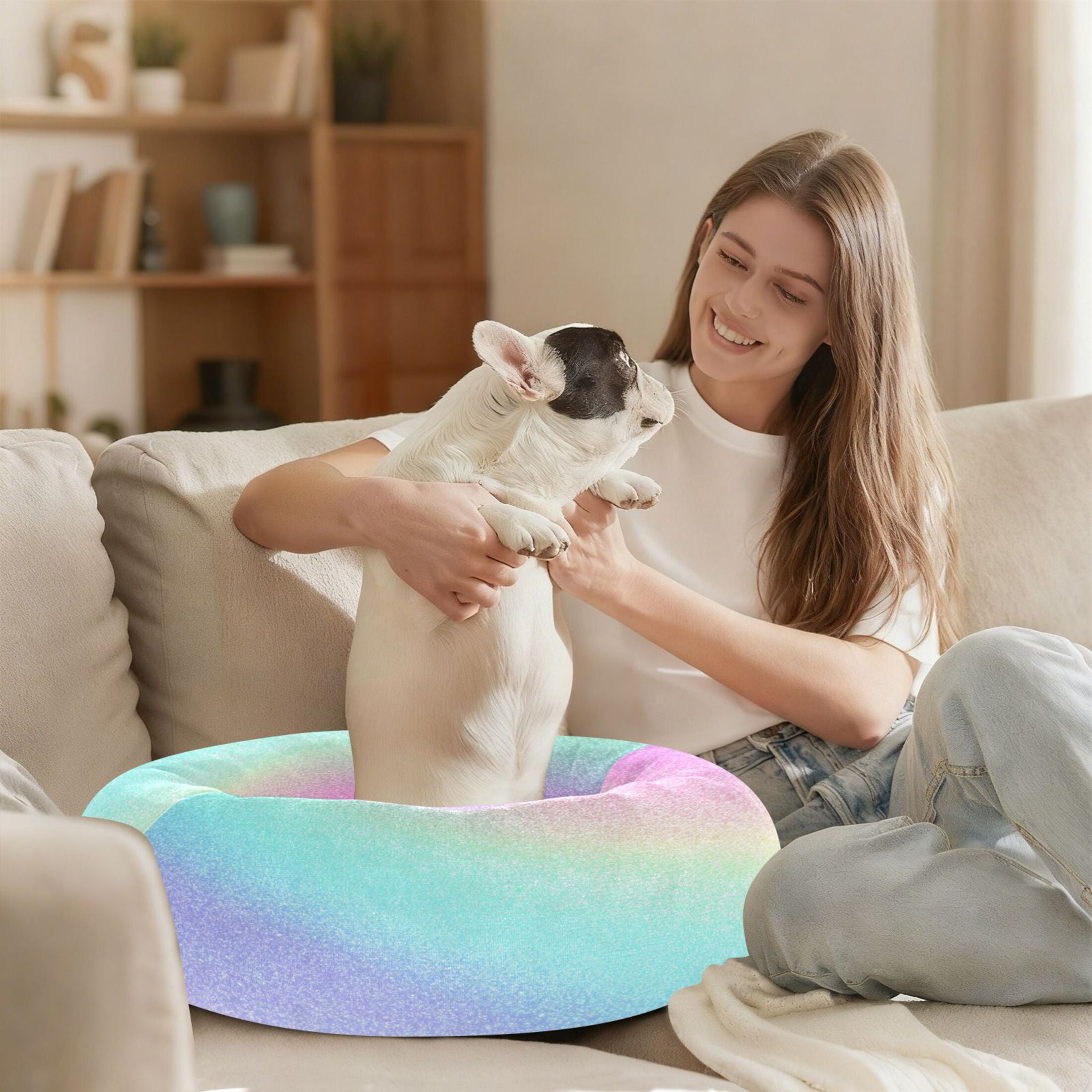 Iauyy Pet Couch Donut Cat Bed for Indoor Cats/Small Dogs Washable & Machine with Non-slip Bottom Calming Cat Furniture, Light Background (XS)