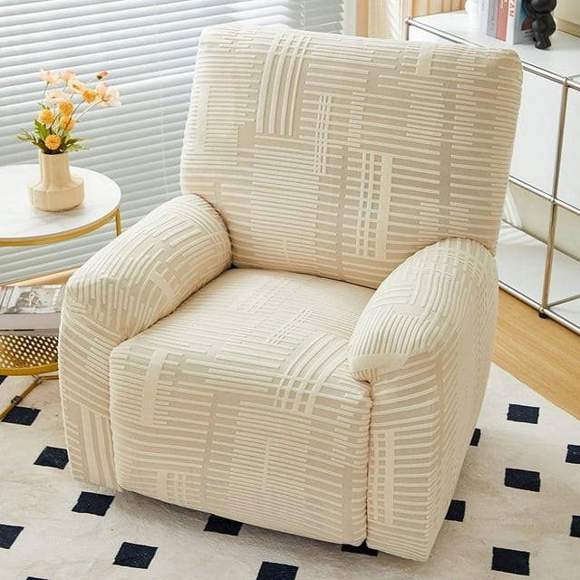 Xiao Hua Funda de sofá gruesa blanca con estampado de rayas jacquard, elástica, antiarañazos, para sillón reclinable de 1 plaza, fácil de instalar y lavable.