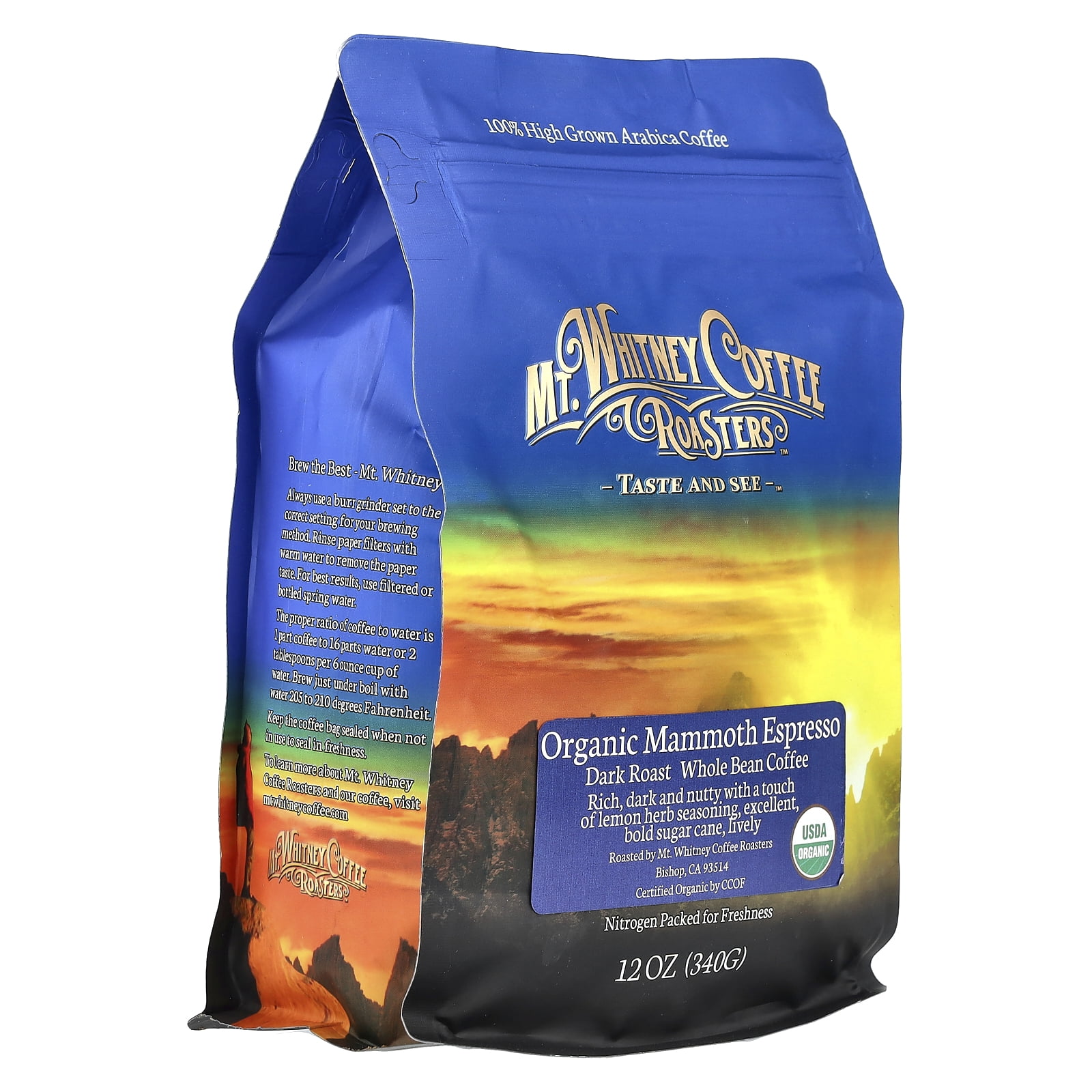Mt. Whitney Coffee Roasters Organic Mammoth Espresso, Whole Bean Coffee, Dark Roast, 12 oz (340 g)