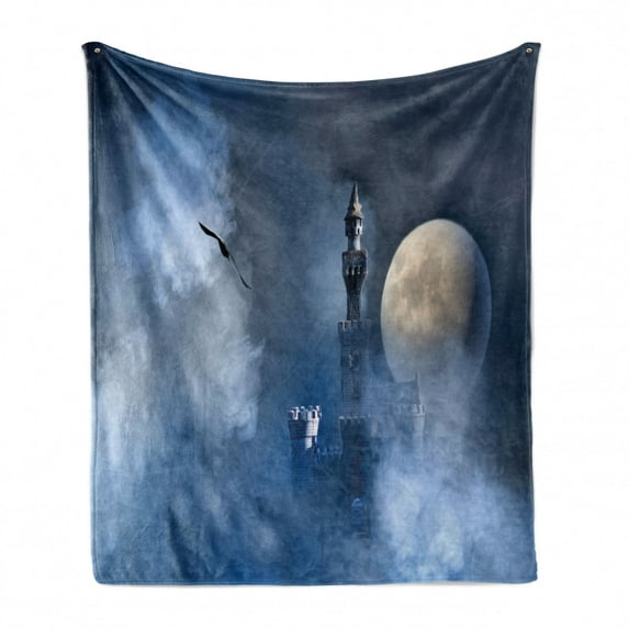 Fantasy Soft Flannel Fleece Throw Blanket, Castle on Clouds at Moon Night Scary Gothic Fiction Medieval Themed Evil Graphic, Cozy Plush for Indoor and Outdoor Use, 50" x 60", Dark Blue, by Ambesonne