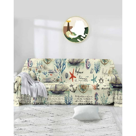 Nautical Sailboat Sofa Covers for 3 Cushion Couch,Washable Sectional & L Shape Couch Covers for Dog/Cat/Kid,Retro Beach Ocean Seashell Starfish Yellow Non Slip Sofa Slipcover Futon Cover 71x150