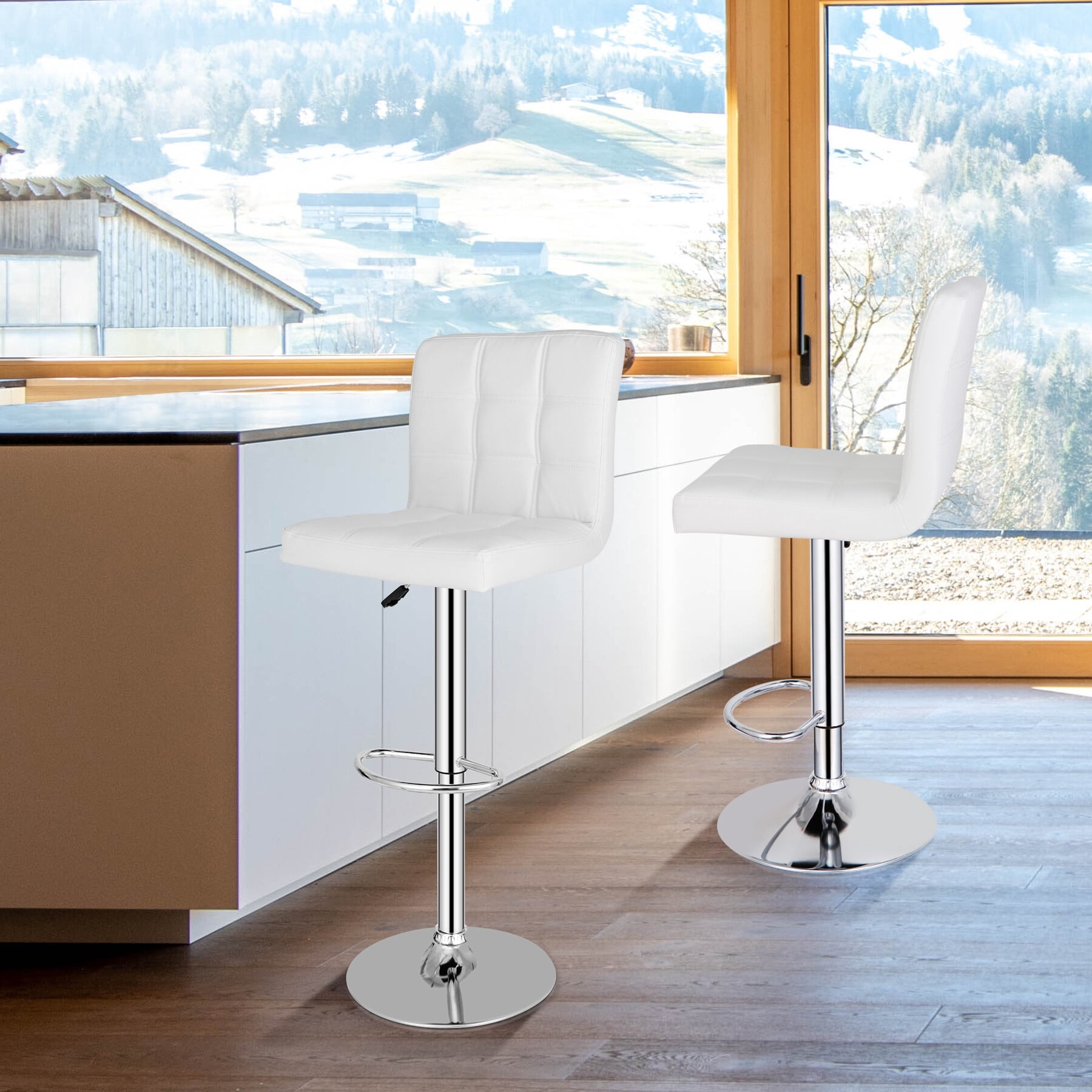 HomGarden Set of 2 Adjustable PU Leather Swivel Barstool Indoor Bar Stool W/ Back, White