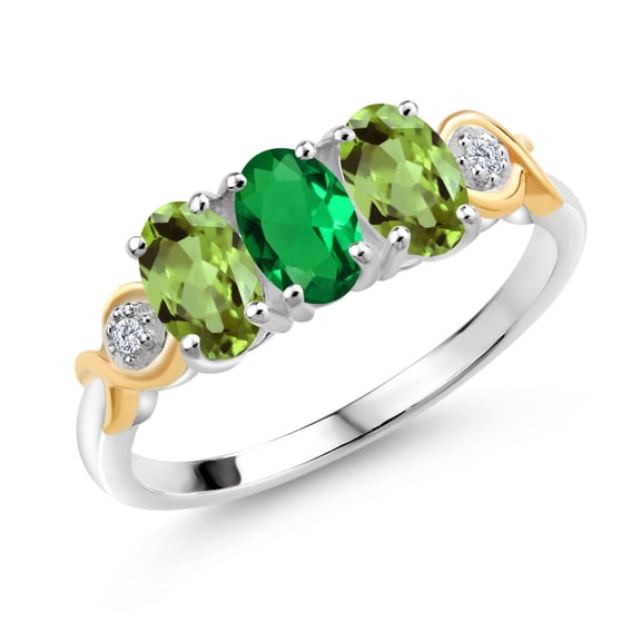 Gem Stone King 1.42 Ct Oval Green Nano Emerald Green Peridot 925 Silver and 10K Yellow Gold G-H Lab Grown Diamond Women Ring (Size 5)