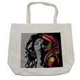 thumbnail image 1 of Youth Shopping Bag, Woman with Black Hair Floral and Geometric Ornaments Glamor Femininity, Eco-Friendly Reusable Bag for Groceries Beach and More, 15.5" X 14.5", Cream, by Ambesonne, 1 of 2