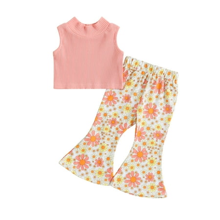 

Bagilaanoe 2pcs Toddler Baby Girl Long Pants Set Sleeveless Rib Tank Tops + Flower Flare Trousers 12M 18M 24M 3T 4T 5T Kids Casual Outfits