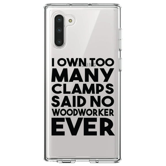 DistinctInk Clear Shockproof Hybrid Case for Samsung Galaxy Note 10 (6.3" Screen) - TPU Bumper Acrylic Back Tempered Glass Screen Protector - Own Too Many Clams - No Woodworker Ever
