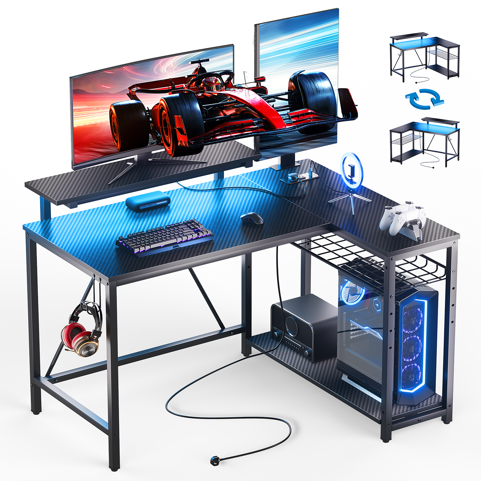 RSPGAME 42" L-Shaped Gaming Desk with LED Lights, Black photo 2