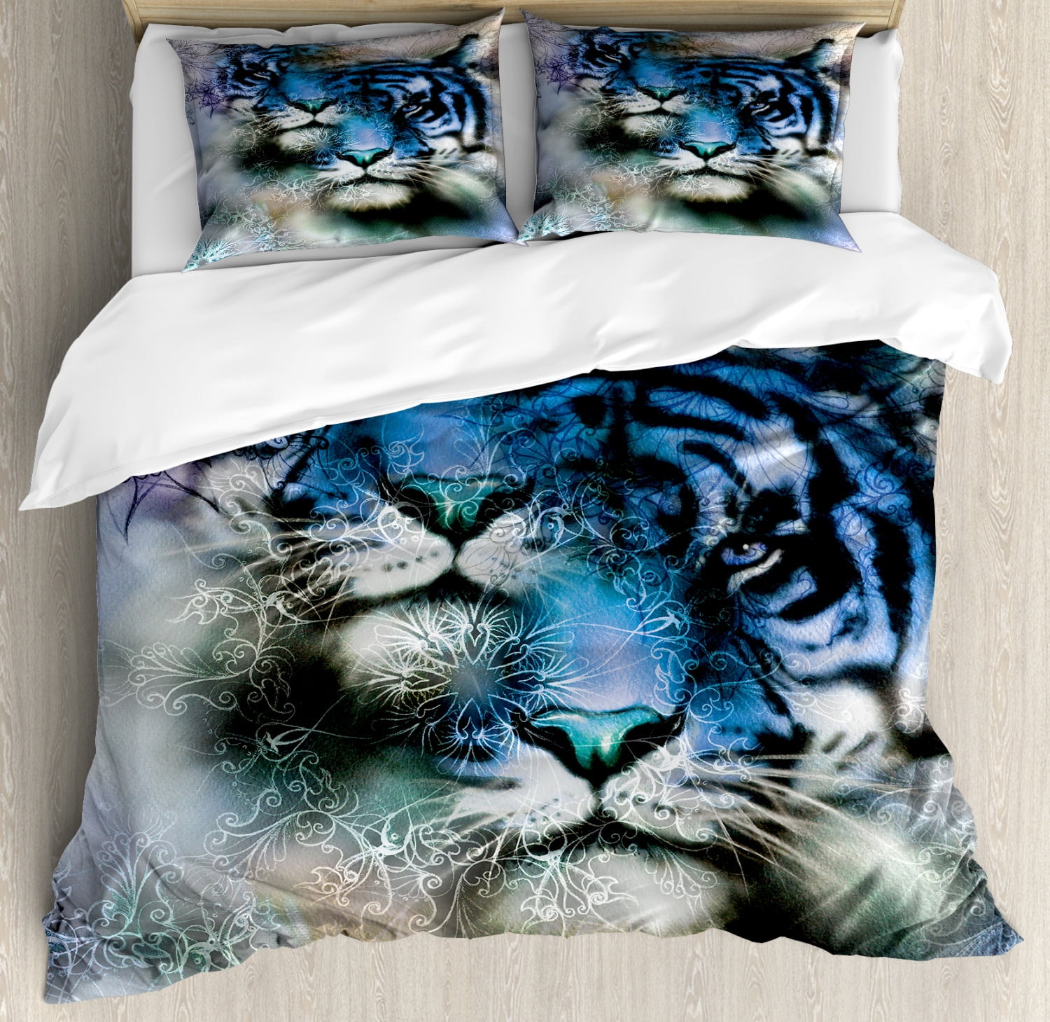 Animal Duvet Cover Set King Size Two Tiger Safari Cat African Wild Furious Life Big Animals Artwork Print Decorative 3 Piece Bedding With 2 Pillow Shams Blue Black And White By Animal Duvet Cover Set King Size Two, Safari Bedding Sets King