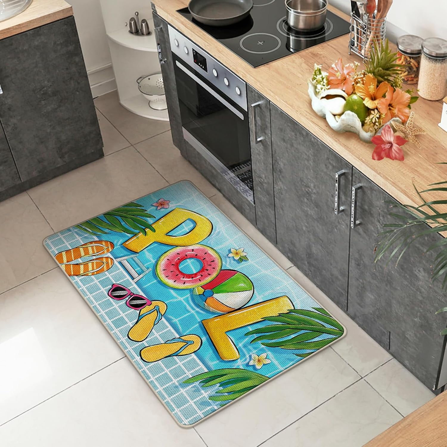 Summer Pool Welcome Front Door Mat, Swim Ring Ball Flip Flops Decorative Doormat Non-Slip Floor Entryway Rug, Spring Tropical Palm Leaves Indoor Outdoor Home Kitchen Decoration 17x29 Inches