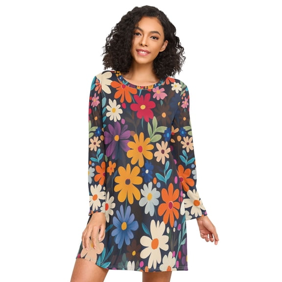 FORMRS Womens Long Sleeve Nightgowns Crew Neck Sleep Shirt Soft Pajamas Sizes S-3XL, Bright Colorful Flowers Pattern