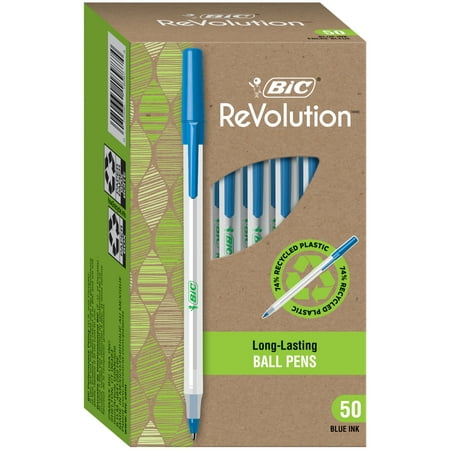 BIC ReVolution Round Stic Blue Ball Point Pen, 74% Recycled Plastic Pen, Medium Point (1.0mm), 100% Recycled Packaging, 50 Pack