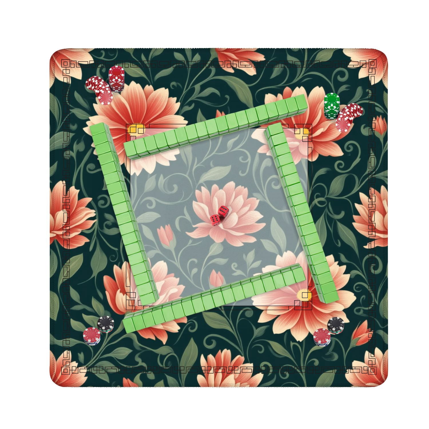 Mahjong Mat 31.5" x 31.5" Floral Peach Coral Blossoms Dark Green Non-Slip Noise Reduction American Mahjong Tiles Table Cover for Dominoes Poker Card Board Games Gift