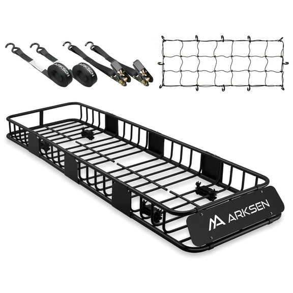 ARKSEN 84"x23"x6" Roof Rack Skinny Cargo Carrier with Basket, Net & Ratchet Straps Heavy Duty Weather Resistant Top Mount Cargo Rack, Luggage & Camping Gear Storage for Car, Truck or SUV Transport