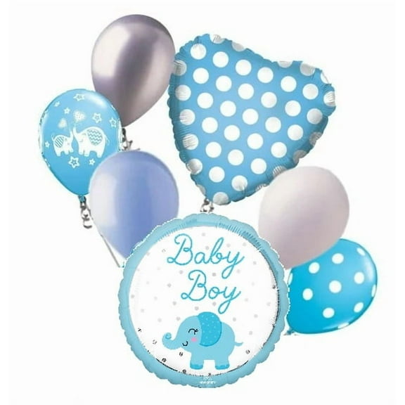 7 pc Blue Polka Dot Elephant Baby Boy Balloon Bouquet It's a Shower Welcome Home