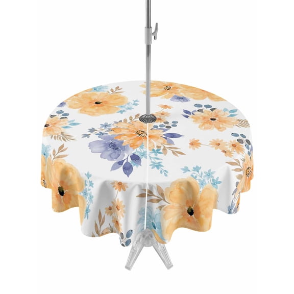 Orange Watercolor Floral Outdoor Tablecloth - 54 Inch Round Dining Table Cover, Spring Flower Abstract Art Waterproof Outdoor Table Cloth with Umbrella Hole & Zipper for Picnic/Patio/Party
