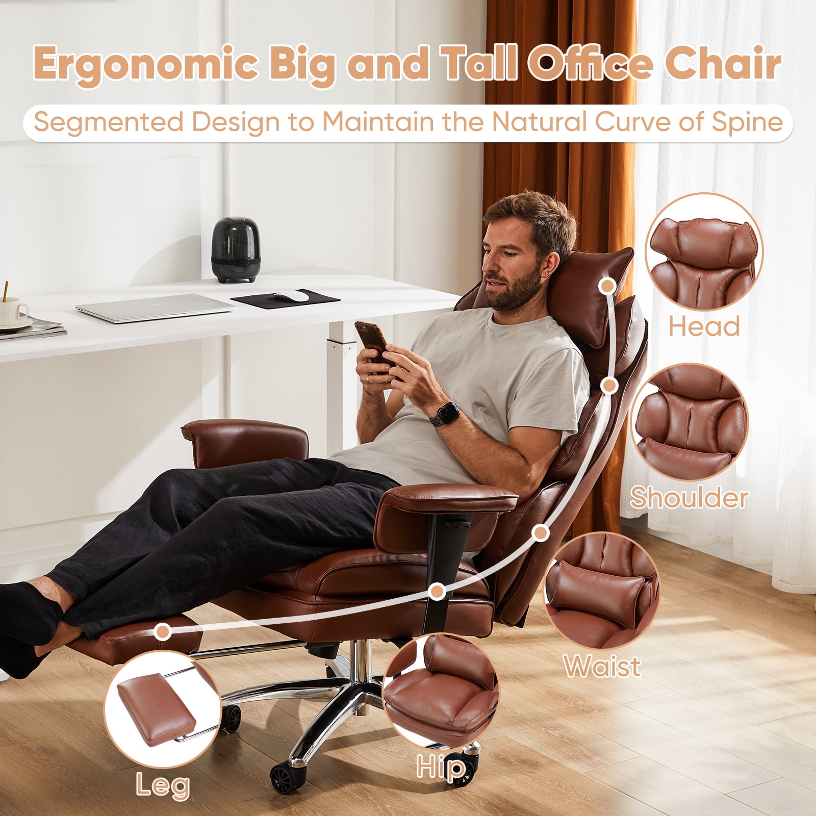 GIANNA Executive Home Office Desk Chair with Swivel Wheels, Footrest & Lumbar Support, Reclining Height Adjustable, Brown