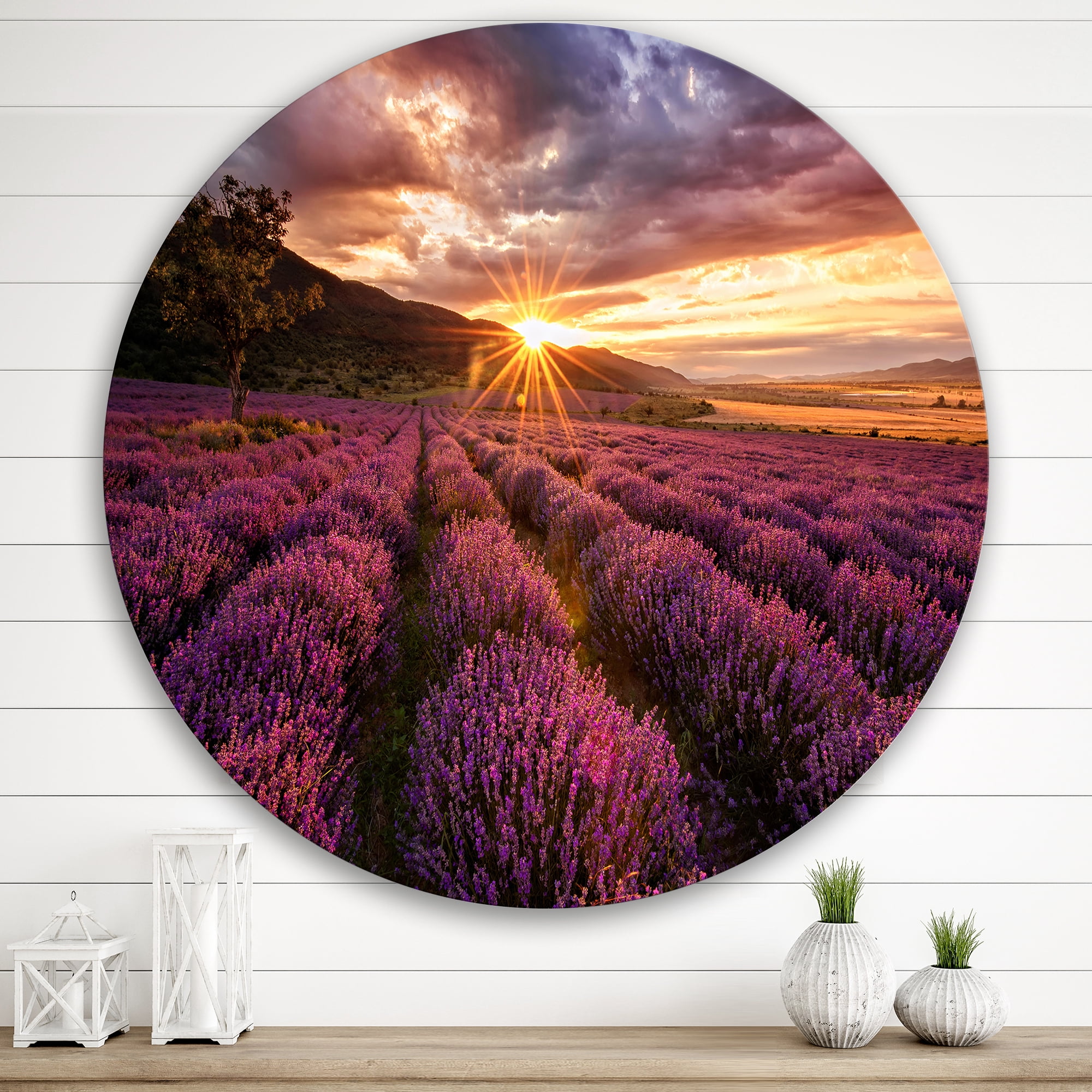 Designart 'Dramatic Clouds and Sunrise Over Lavender Field IV' Farmhouse Circle Metal Wall Art 29x29 - Disc of 29