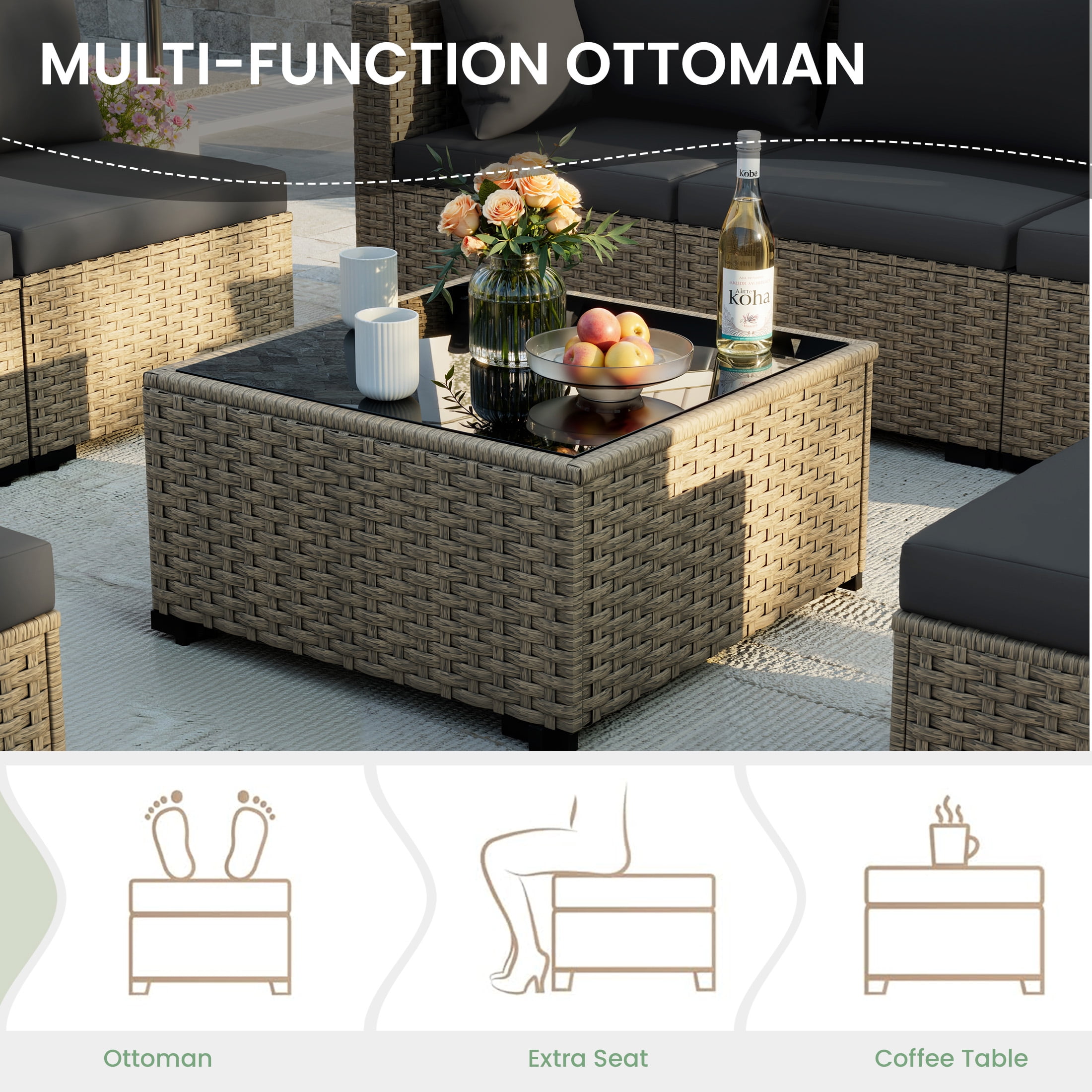 POTEBAN Patio Furniture Set, 7-Piece Outdoor Sectional All-Weather Wicker Patio Conversation Set for Backyard (Black Cushions with Gray Rattan)