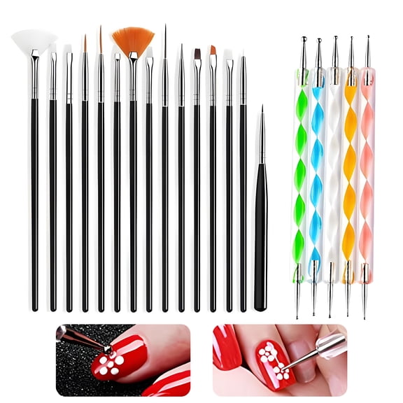 RAGUPEL 20Pcs French Tip Brush Full Set of Multi-Functional Tools Nail Art Brush Ideal Tool for Enthusiasts and Professional Salons Nail Art Tools Builder Gel Brush Black