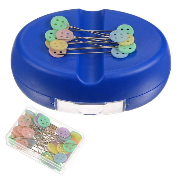 Uxcell Magnetic Pin Cushion with 50pcs Button Plastic Head Pins, Magnetic Pins Holder with Drawer, Navy Blue