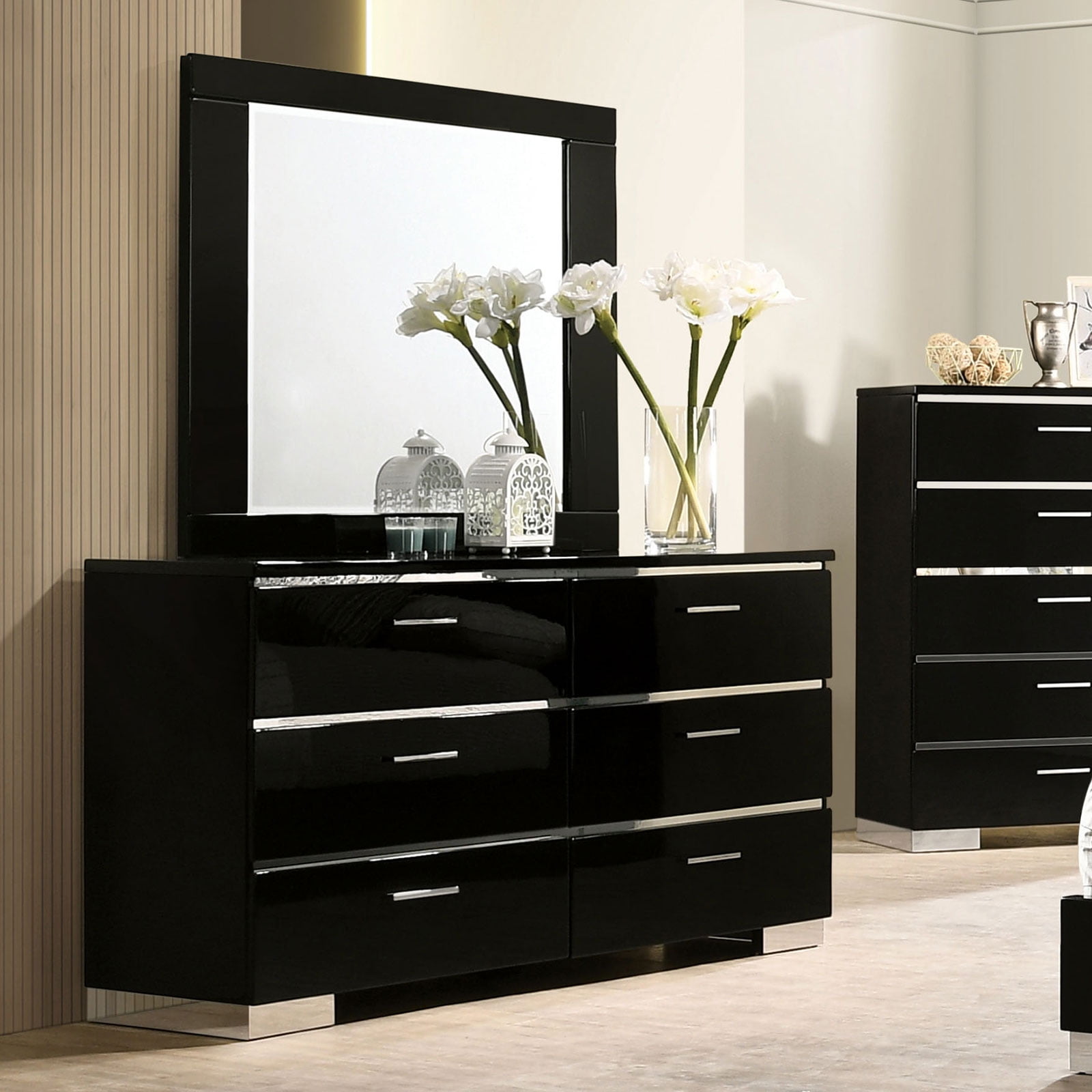 Majestic Modern Styled Platform Bed w LED Dresser Mirror Nightstand Set 4 Piece Queen Black Furniture Set Bedroom Solid wood Walmart