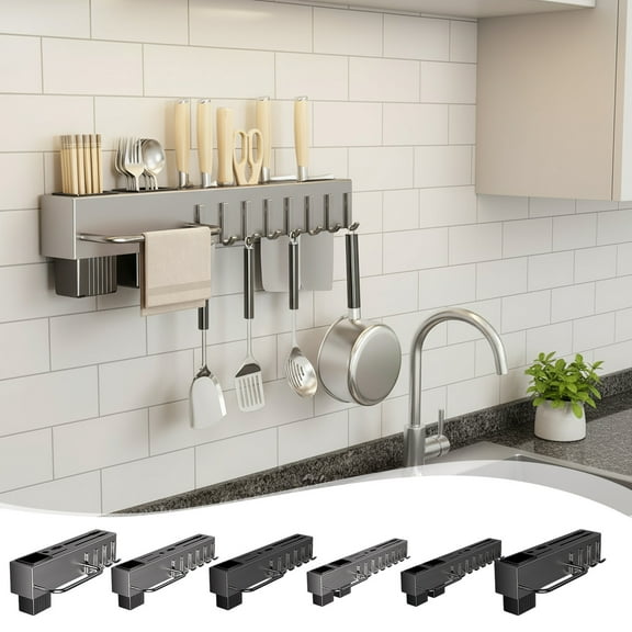Wall Mounted Multifunctional Knife Rack, Black No Hole Kitchen Shelf and Chopstick Cage Featuring Integrated Modern Storage Design for Knives and Utensils, Space Saving Organizer for Kitchen