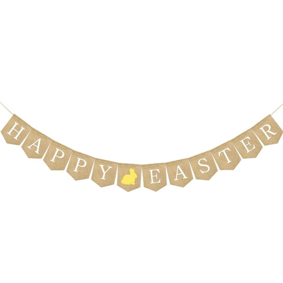 Burlap Happy Easter Banner Rustic Easter Celebration Decorations Happy Easter Bunting Garland with Rabbit Bunny Sign Easter Party Decor Photo Props(Yellow)