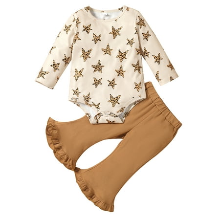 

Canrulo Newborn Baby Girls Casual Outfits Leopard Star Print Tops Long Sleeve Bodysuit Rompers Ruffle Flared Pants Set Brown 18-24 Months