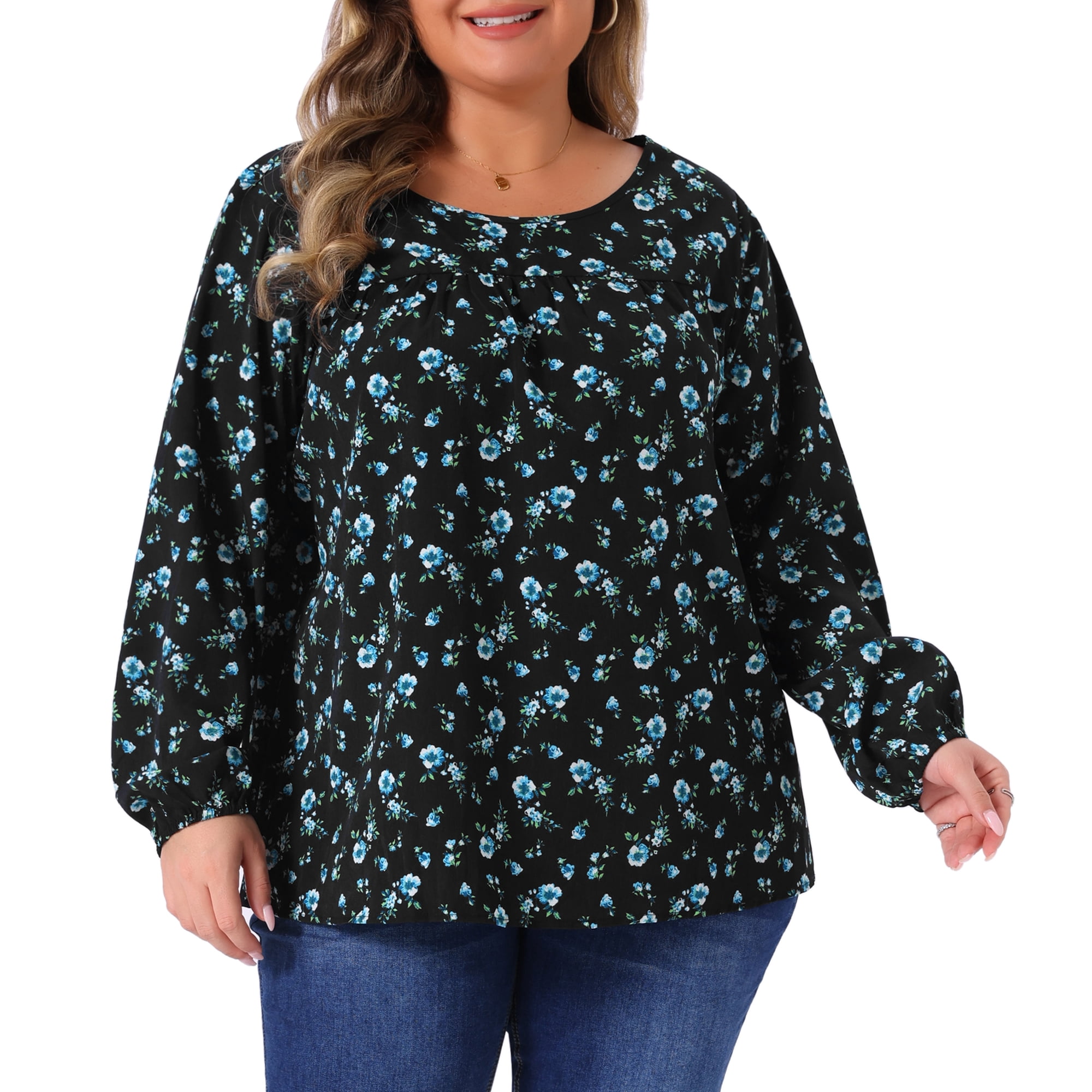 DARING DIVA Women's Plus Size Long Sleeve Floral Print Blouses Tops 4X Blue