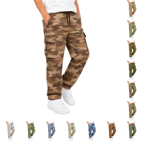 JAJAHO Boys Girls Camo Cargo Pants Back To School Clothes Casual Drawstring Relaxed Fit Straight Leg Pants 5-16Y