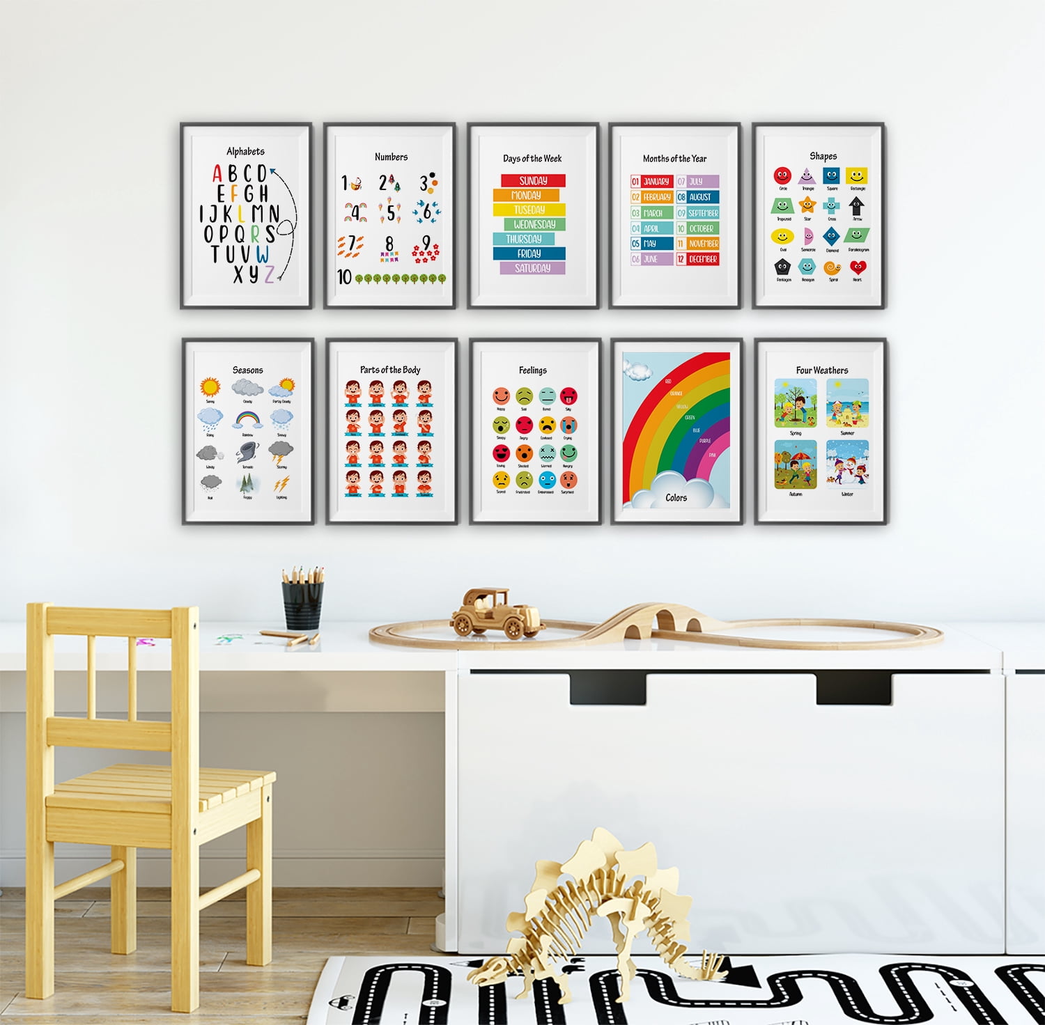 Traceease 10 Educational Posters for Classroom Decor & Kindergarten Homeschool Supplies Baby, Laminated Preschool Learning Chart Materials - ABC Alphabet, Numbers, Shapes,Feelings,Weathers