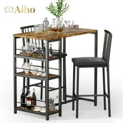 Aiho 3 Pieces Dining Table Set for 2, Counter Height Bar Table Set with Storage Shelves, Pub Table and Padded Chairs for Kitchen, Dining Room - Retro