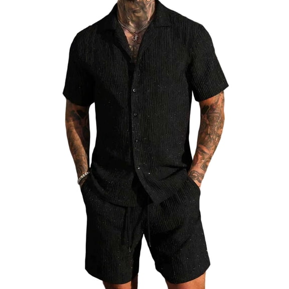 Jessboyy Mens Outfits 2 Piece Sets Trendy Glitter Short Sleeve Button Down Shirts and Shorts Going Out Sets Casual Party Summer Vacation Outfits Black,L