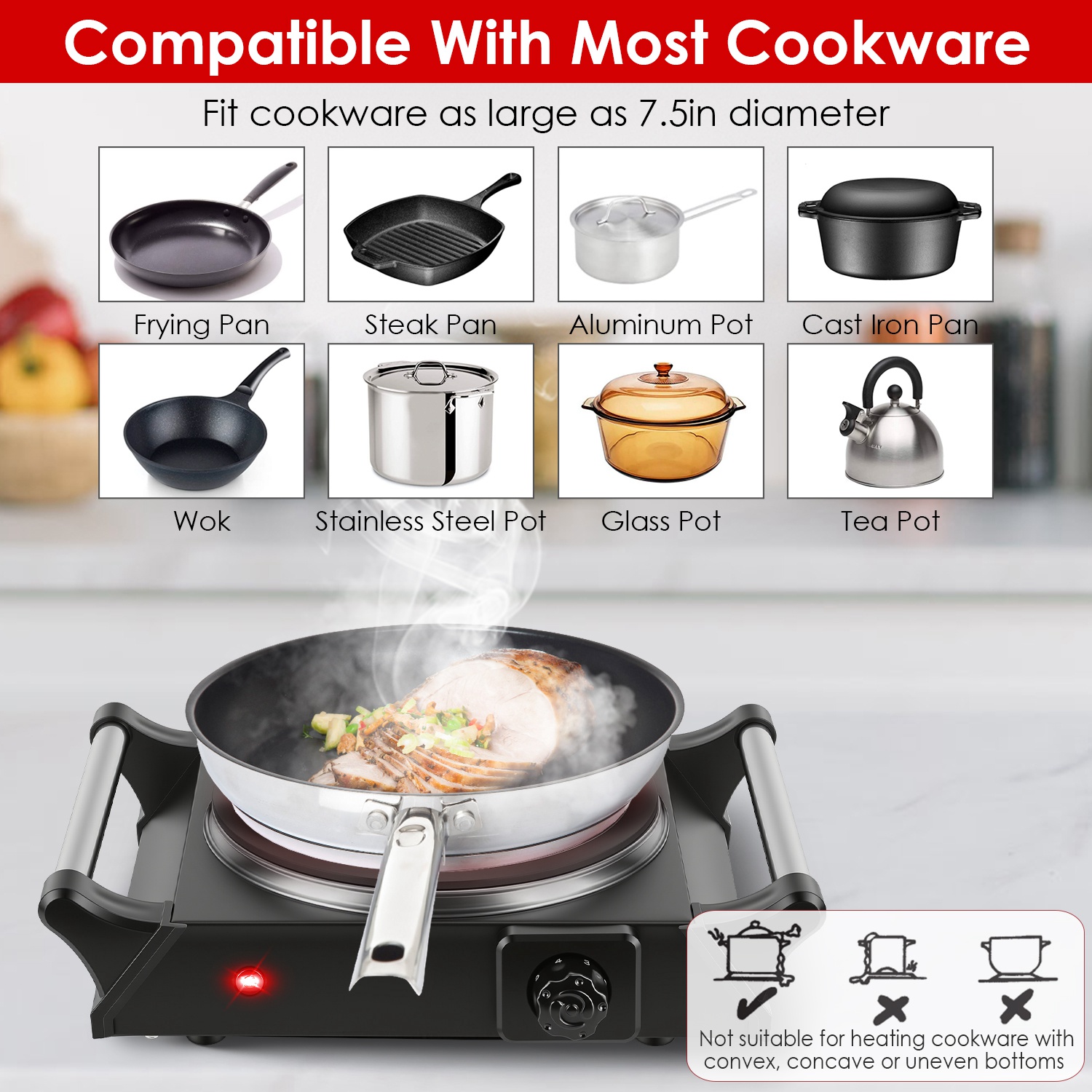 1000W Portable Electric Hot Plate with Adjustable Temperature, Handles, for Home, RV, or Countertop Cooking