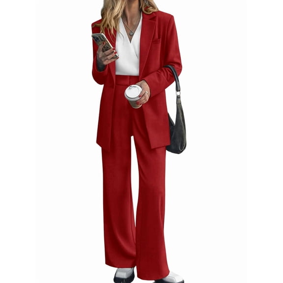 Women Suits 2 Piece Set Business Casual Dressy Oversized Blazer Jacket and Wide Leg Dress Pantsuits Formal Outfits Red S