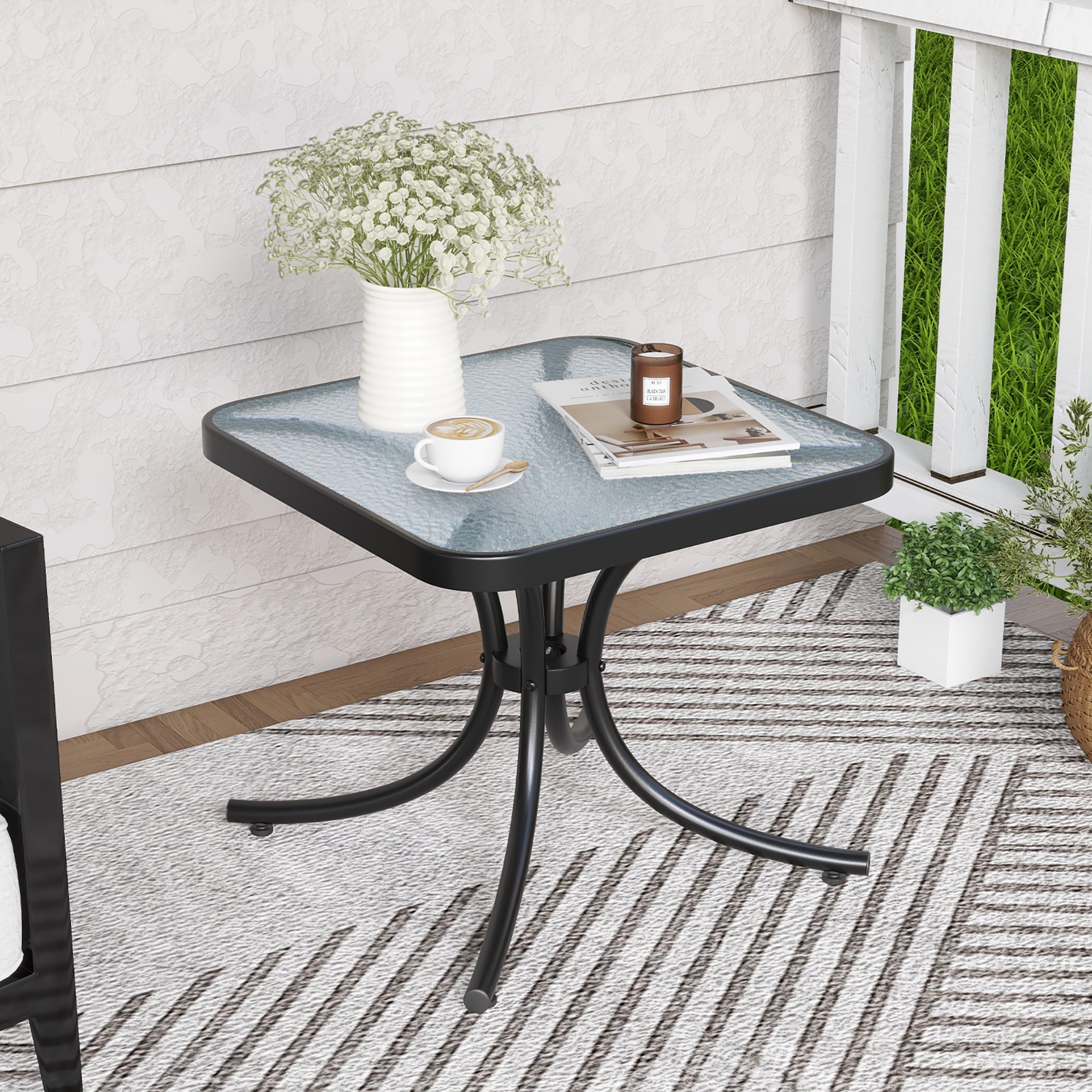 Gymax Outdoor Side Table Square Patio Table w/ Tempered Glass Top Small Coffee Table