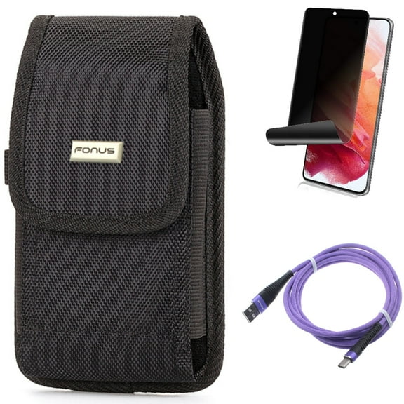 10ft USB Cable & Privacy Screen Protector & Case Belt Clip for Samsung Galaxy S22 (6.1") - Purple Type-C & TPU Film Fingerprint Works & Rugged Holster Accessory Bundle
