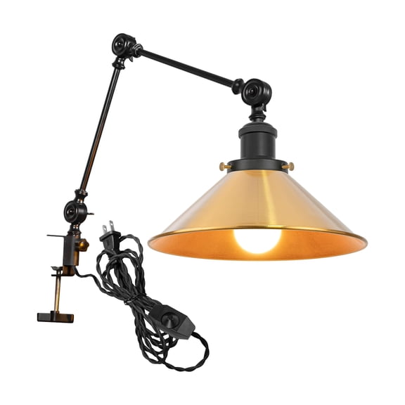Kiven Dimmable Clip-on Desk Lamp, 1-Light Iron Modern clip on light with Flexible Swing Arm, 8.2FT Plug in Cord, Decorative Clamp Lamp for Bedside Bookshelf Cabinet E26 Sokcet,Gold