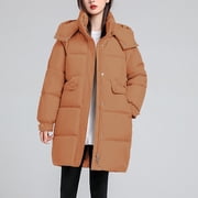 EGNMCR Womens Long Puffer Coat, Long Sleeve Padded Winter Down Coats, Hooded Parka Jacket Women Warm Pocket Coat Long Jacket Winter Sleeve Down Parkas Women Coat