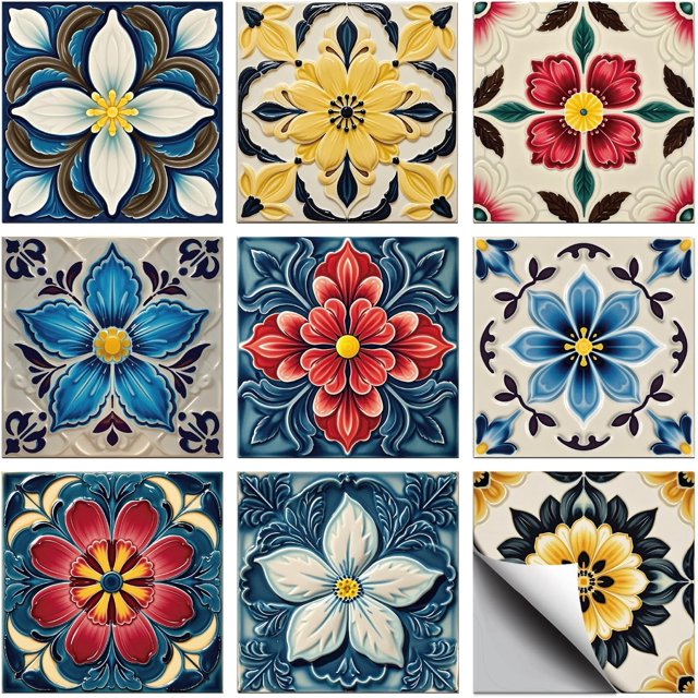 CHGCRAFT 36 Pcs 9 Styles Artistic Flowers Patten Tile Sticker Geometric Relief Flowers Shapes Wall Tile Stickers Waterproof Self Adhesive Stick on Decals for Kitchen Bathroom Wall Art 4×4 Inch