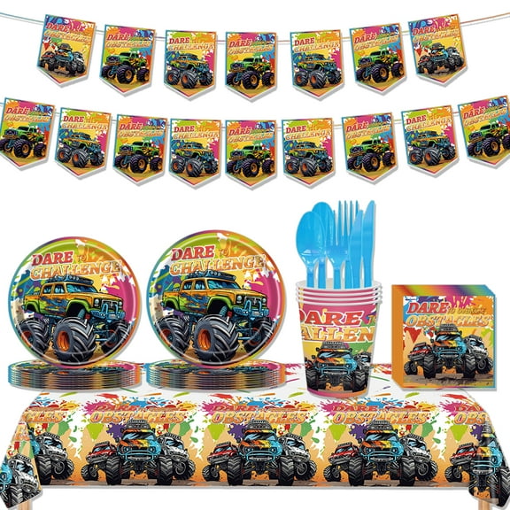 JMOCD 142Pcs Yellow Blaze and the Monster Machine Party Tableware Set, Birthday Party Supplies Decorations Set, tablecloth,Banner,Plates, Cutlery,Cups,20 Guests