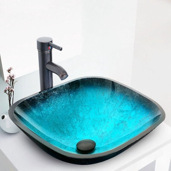 16.5" Bathroom Turquoise Square Vessel Glass Sink Bowl Faucet Bronze Drain Combo