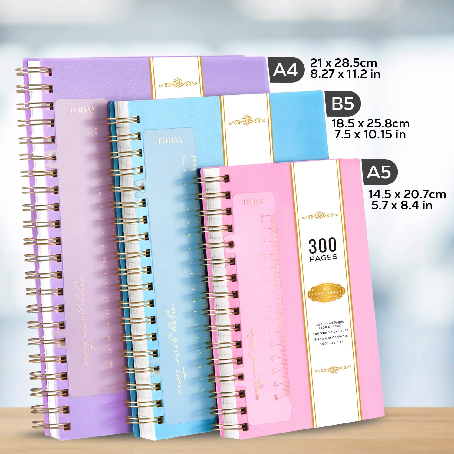 Nirmiro 3-Pack A5 Spiral Notebooks with Bookmark, 5.7"x8.4" 300 Lined Pages Each, 100GSM Thick Paper, Waterproof PVC Cover, College Ruled, Pastel Colors for Work & Office