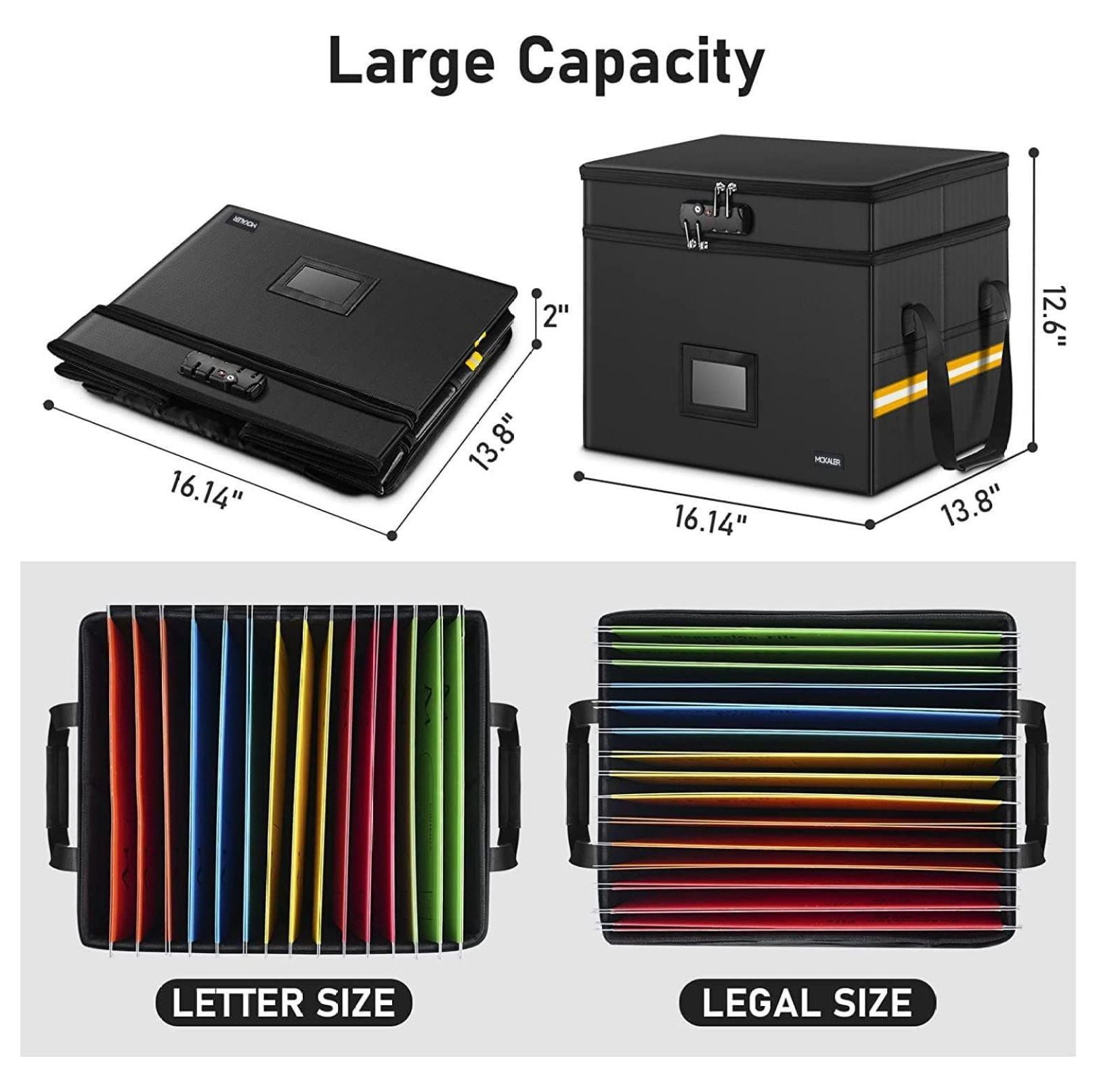 File Box; Fireproof Document Box; with Lock; Upgraded 2 Layer Water-resistant Organizer; Portable; Collapsible Storage Cabinet; Reflective Strip Black
