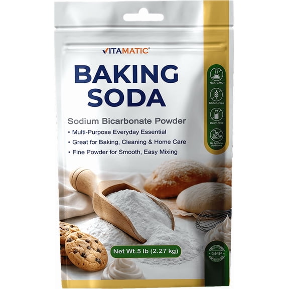 Vitamatic Baking Soda 5 lb (2.27 kg) – Sodium Bicarbonate Powder – Multi-Purpose for Baking, Cleaning & Home Care – Non-GMO, Gluten-Free, No Artificial Additives