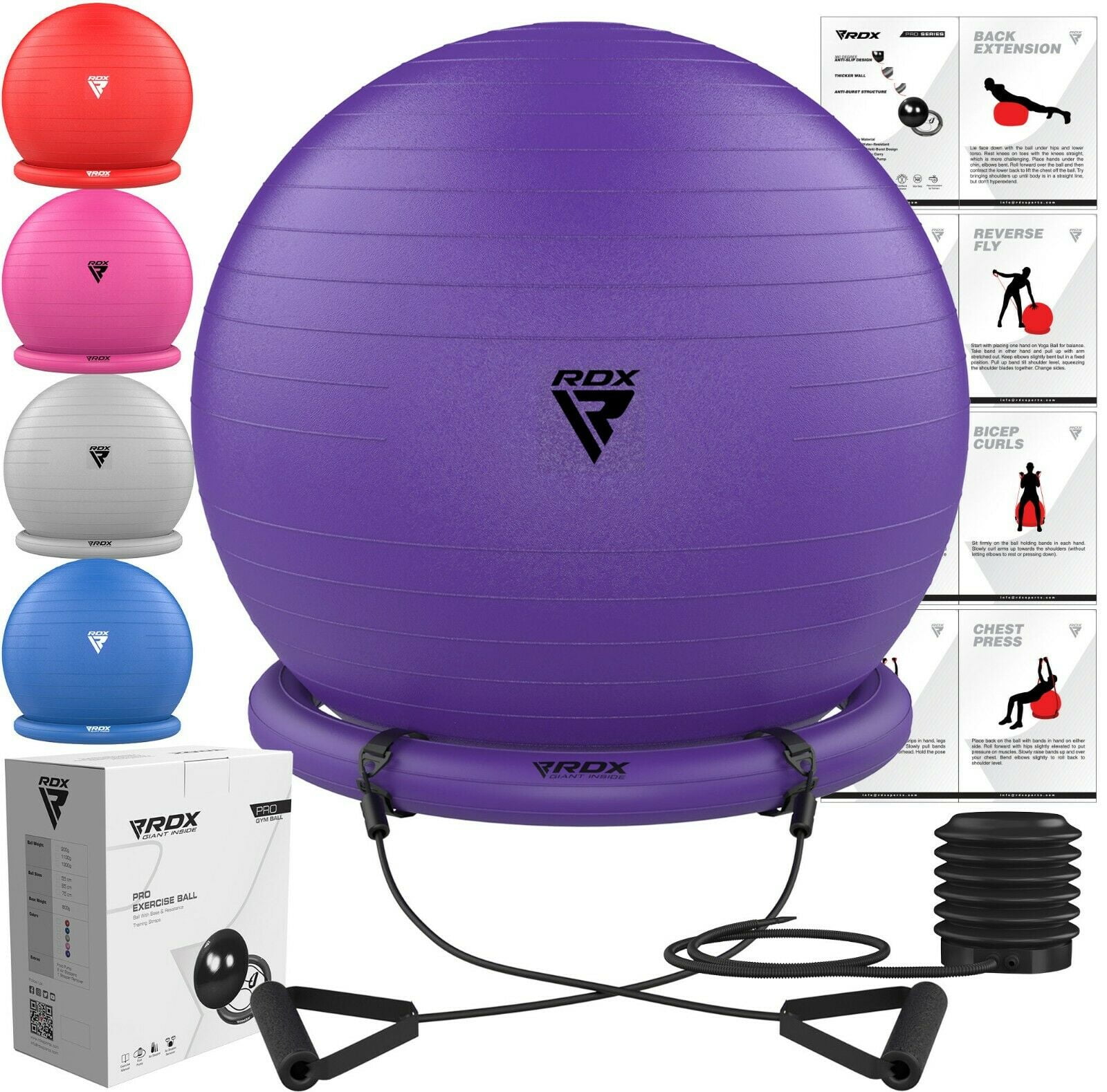 RDX Exercise Ball with Resistance Band Stability Ring, AntiBurst Premium PVC Swiss Ball with