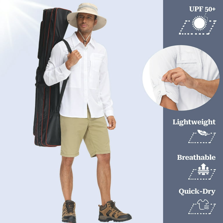 Pdbokew Men's Sun Protection Fishing Shirts Long Sleeve Travel Work Shirts for Men UPF50+ Button Down Shirts with Zipper Pockets White XL