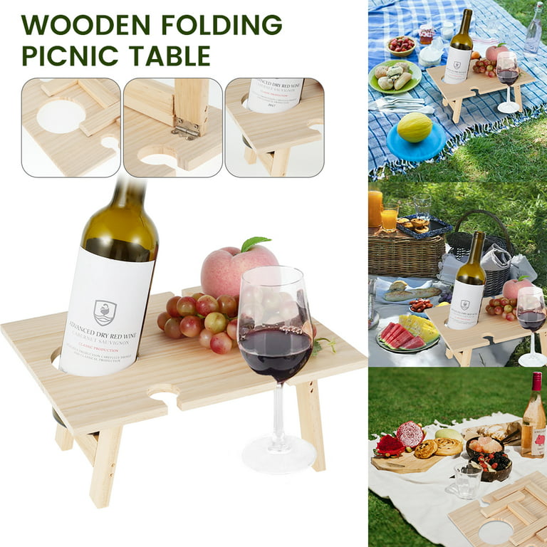 Hands DIY Wine Table Outdoor Folding Wine Table Wooden Wine and Champagne  Picnic Table Mini Food Wine Table with Bottle and Glass Holder for Outdoor