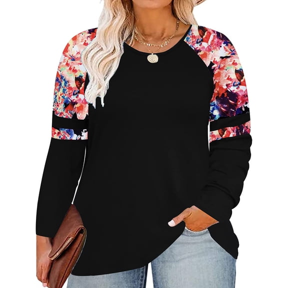 TIYOMI Plus Size Tunics For Women 2X Floral Crewneck Color Block Autumn Fall Winter T Shirt Casual Raglan Long Sleeve Black Tops Casual Blouses Tee 2XL 18W 20W